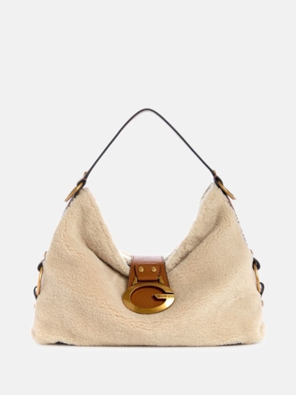 GUESS Camden Faux Shearling Shoulder Bag In Beige With Brown Faux Leather Trim - Picture 5 of 5